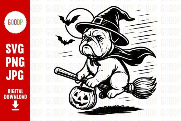 Bulldog Witch on Broom PNG