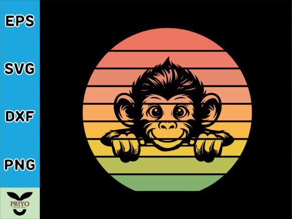 Monkey Peeking Sunset Vintage Retro